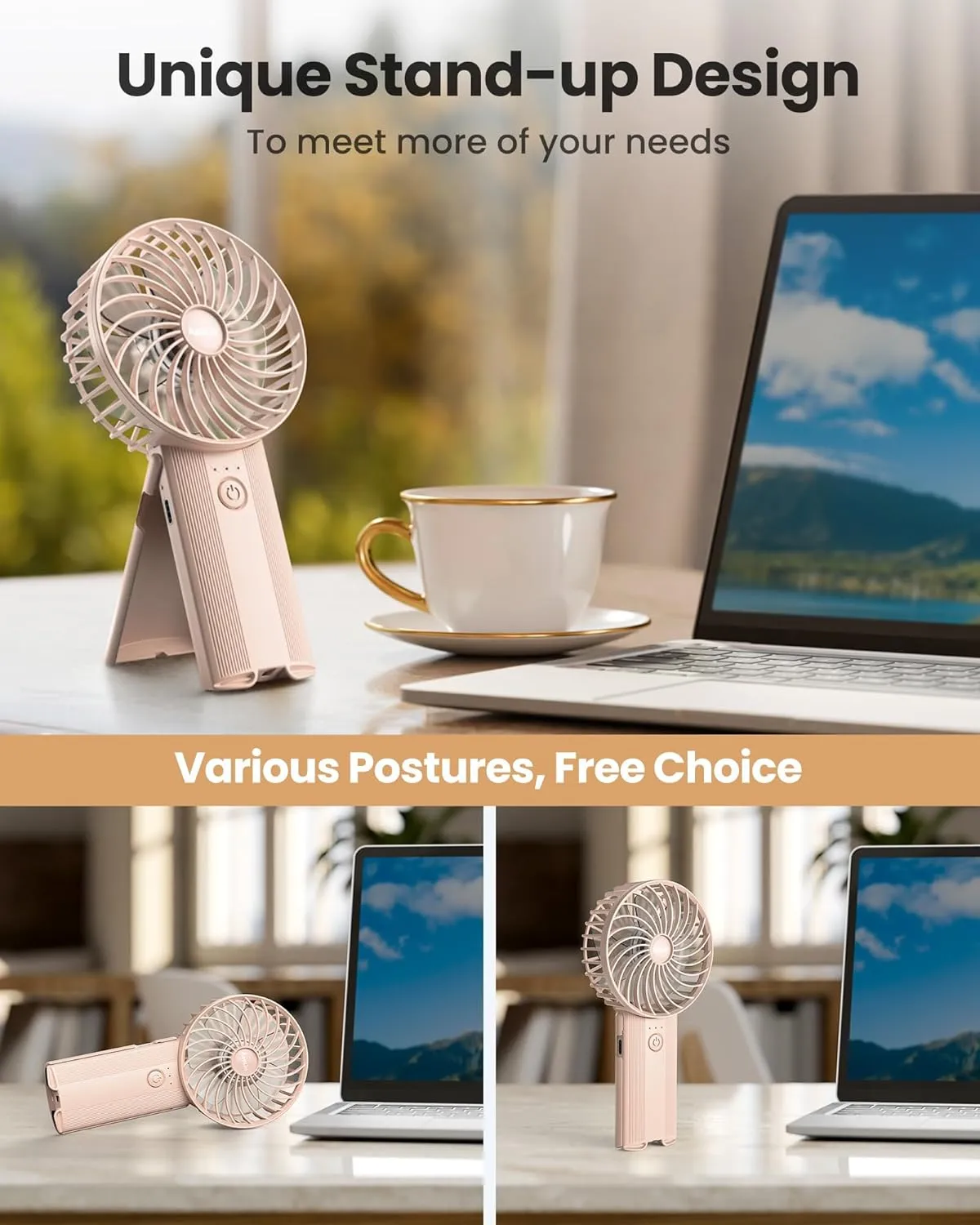 Mini Portable Folding Handheld Fans USB Rechargeable Personal Fan Neck Desktop 4-speed 3-in-1 Silent Handheld small Fan 6-15 hours battery life Suitable for summer travel Camping Outdoor Kids Gift