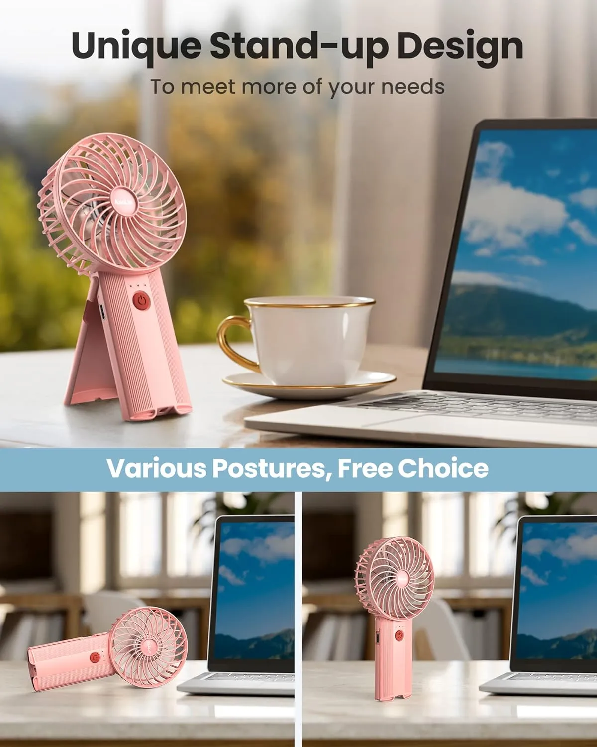 Mini Portable Folding Handheld Fans USB Rechargeable Personal Fan Neck Desktop 4-speed 3-in-1 Silent Handheld small Fan 6-15 hours battery life Suitable for summer travel Camping Outdoor Kids Gift