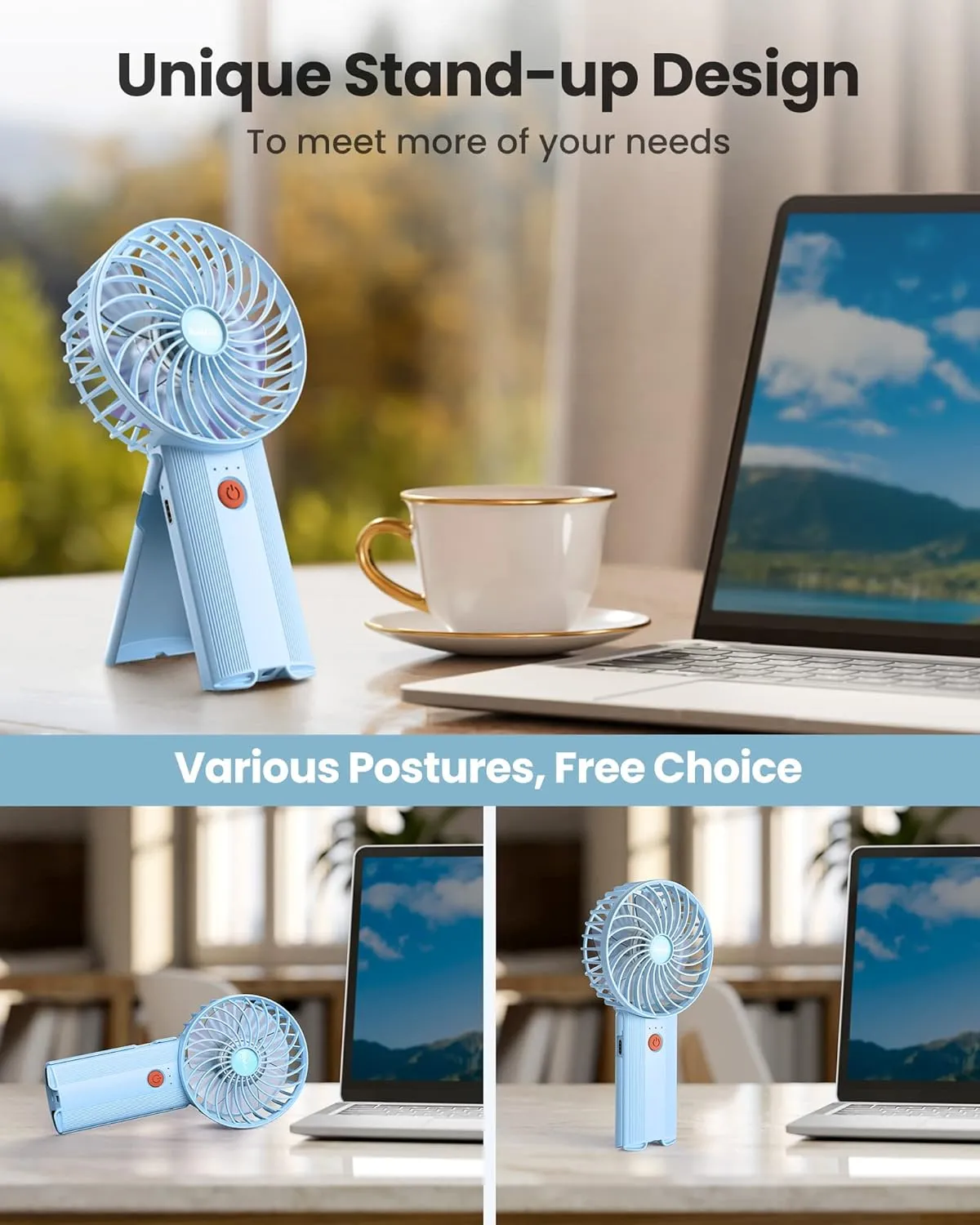 Mini Portable Folding Handheld Fans USB Rechargeable Personal Fan Neck Desktop 4-speed 3-in-1 Silent Handheld small Fan 6-15 hours battery life Suitable for summer travel Camping Outdoor Kids Gift