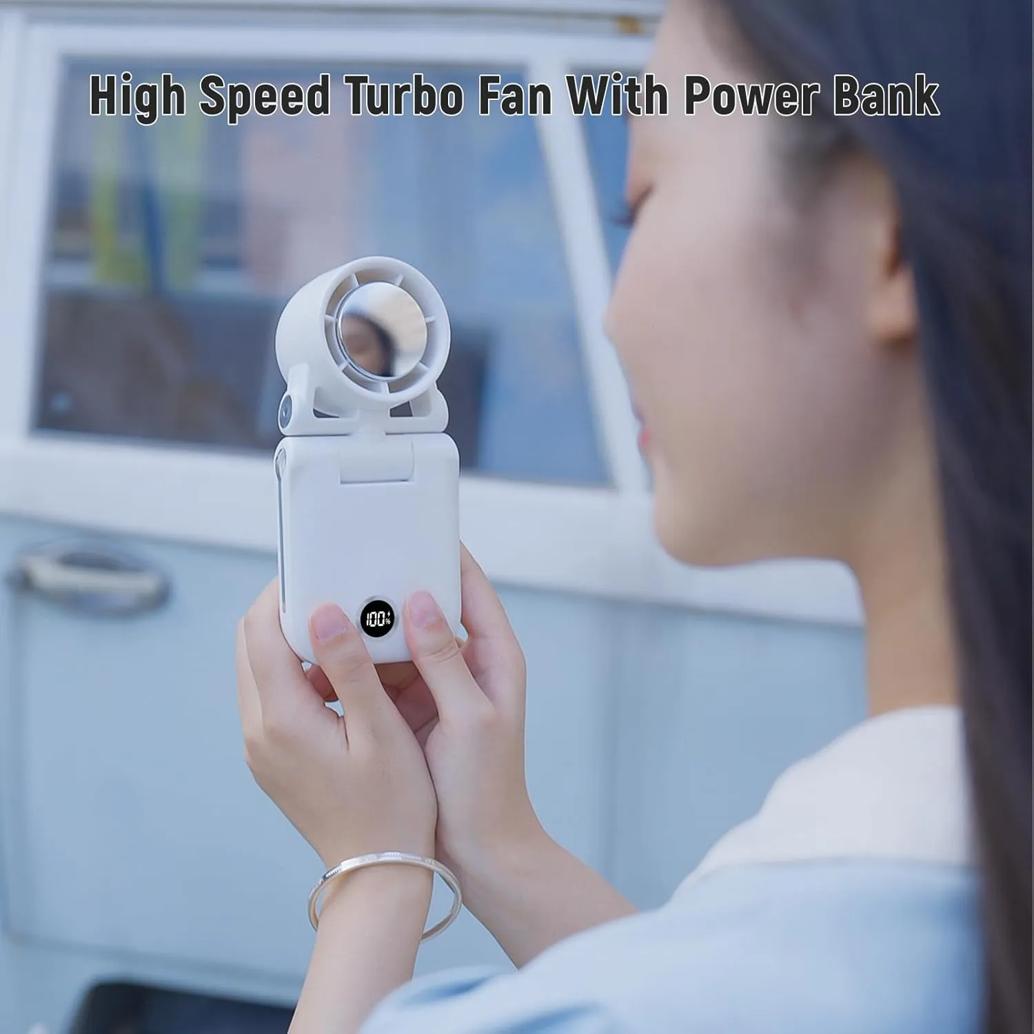 Mini Portable Handheld Clip On Rechargeable Personal Hand Fan with LED Display, High Speed Turbo Battery Operated 100 Speeds Small Fan for Travel/Outdoor/Concerts/Lash/Makeup (update blue)