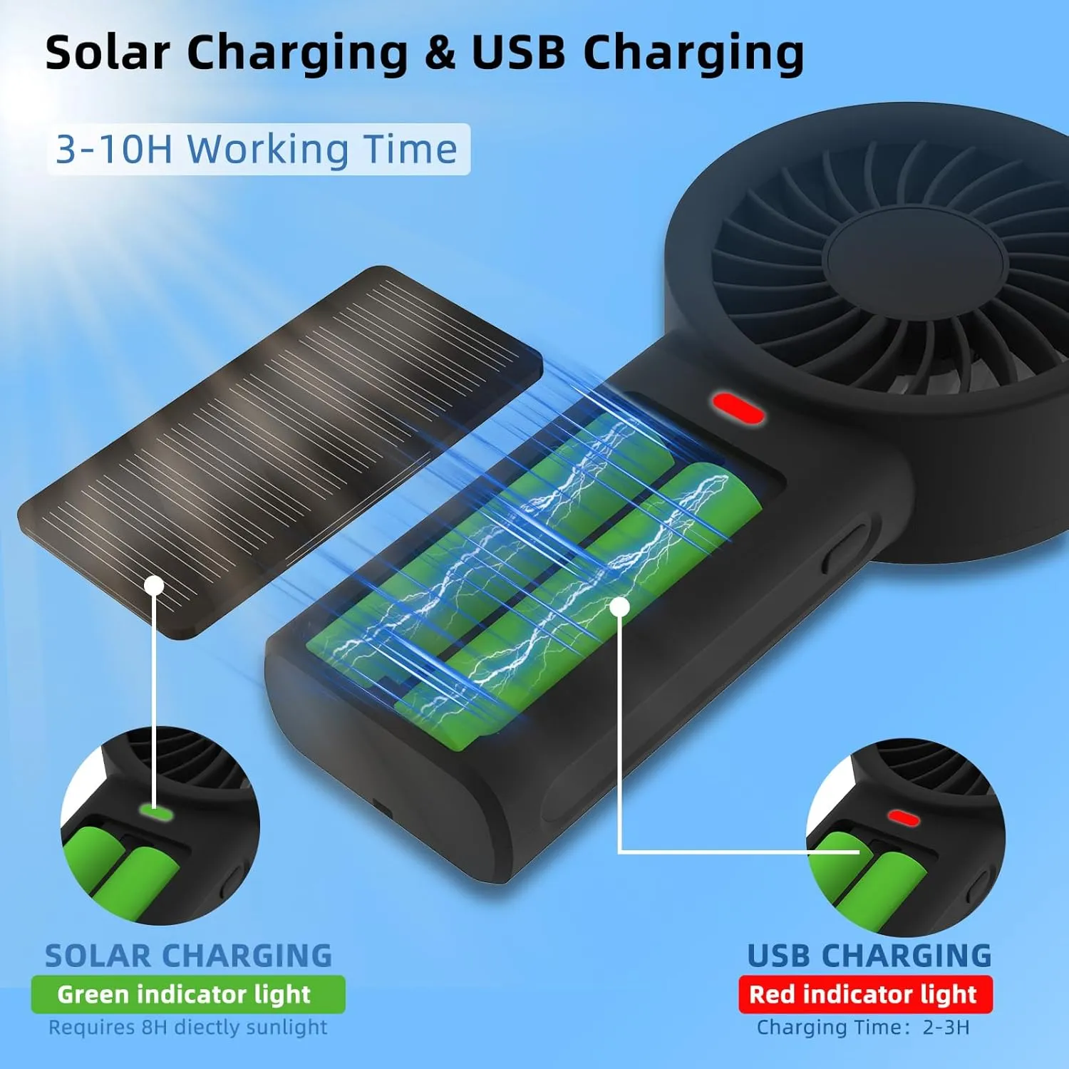 mini portable solar fan, with base, Bring a hanging rope neck fan suitable forgo traveling, Office desktoppersonal fans rechargeableyour cooling butler (Black)