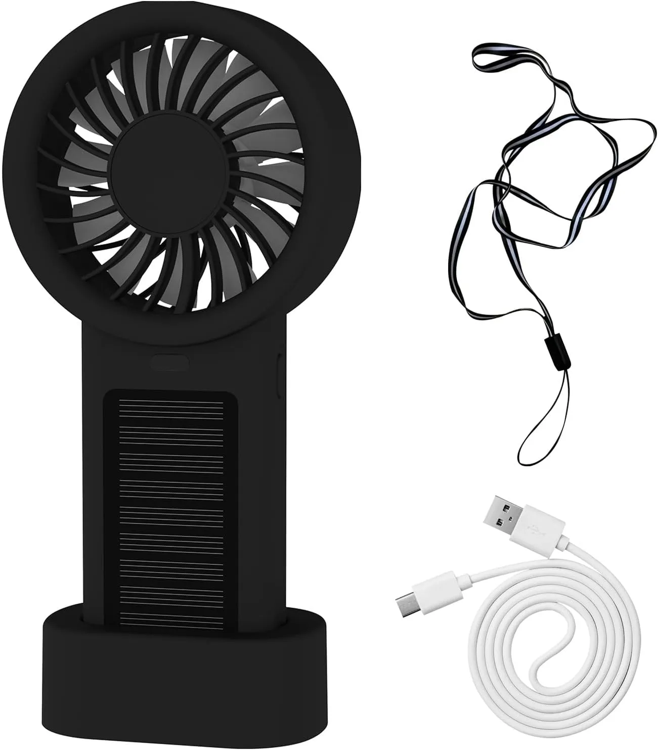 mini portable solar fan, with base, Bring a hanging rope neck fan suitable forgo traveling, Office desktoppersonal fans rechargeableyour cooling butler (Black) Solar-powered car fan for ventilation