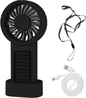 mini portable solar fan, with base, Bring a hanging rope neck fan suitable forgo traveling, Office desktoppersonal fans rechargeableyour cooling butler (Black) Solar-powered car fan for ventilation