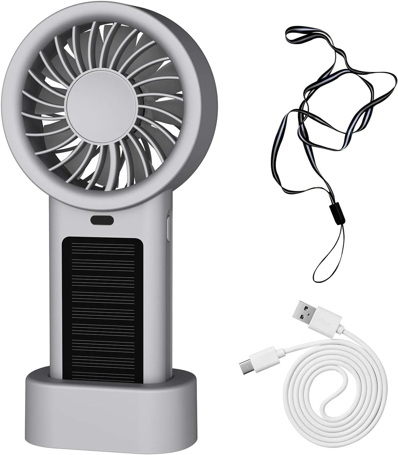 mini portable solar fan, with base, Bring a hanging rope neck fan suitable forgo traveling, Office desktoppersonal fans rechargeableyour cooling butler (silver grey) Solar-powered car fan for ventilation