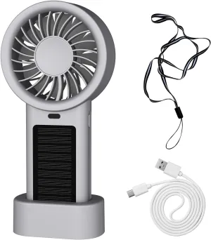 mini portable solar fan, with base, Bring a hanging rope neck fan suitable forgo traveling, Office desktoppersonal fans rechargeableyour cooling butler (silver grey) Solar-powered car fan for ventilation