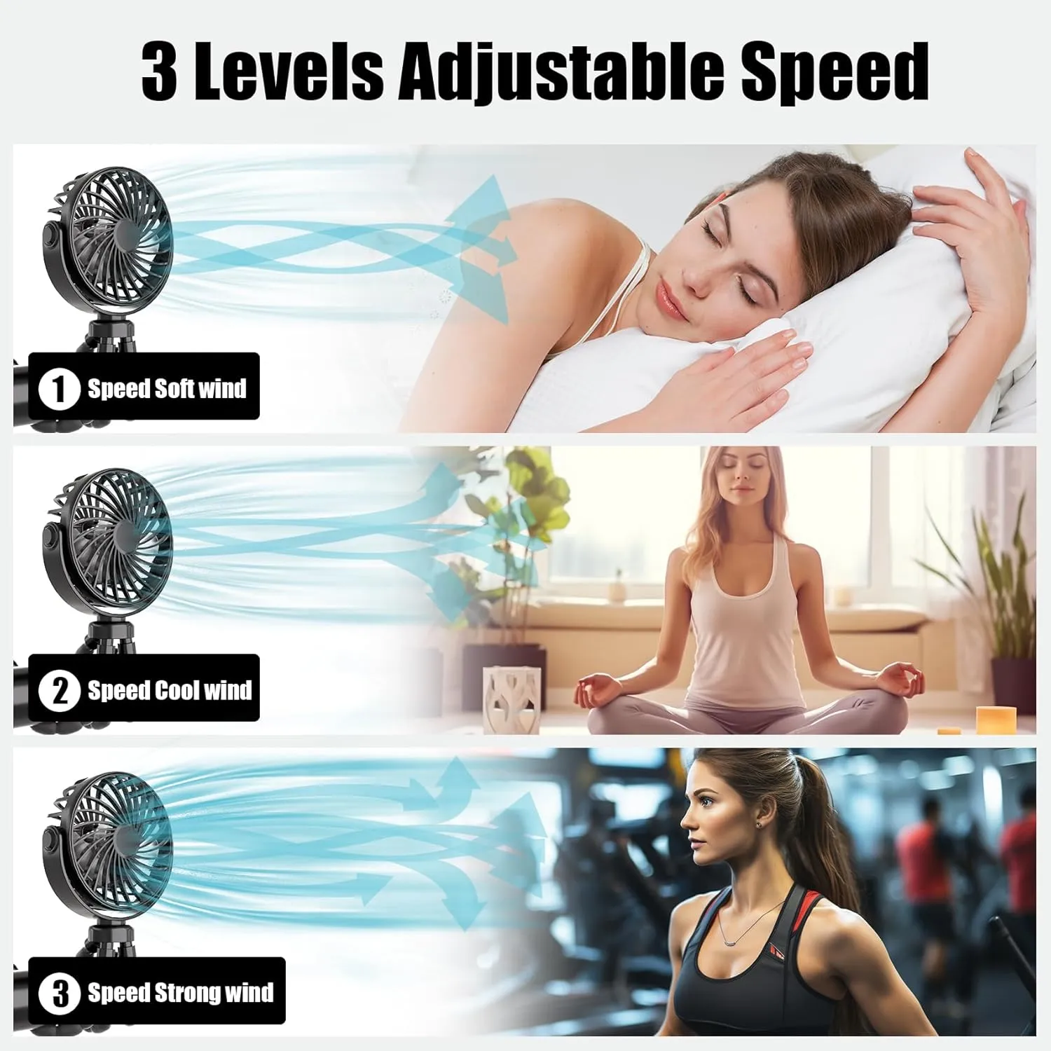 Mini Portable Stroller Fan, Battery Powered Clip On, Detachable 3 Speed 360 Rotating Flexible Handheld Tripod Fan for Car Seat Crib Treadmill Travel, Black
