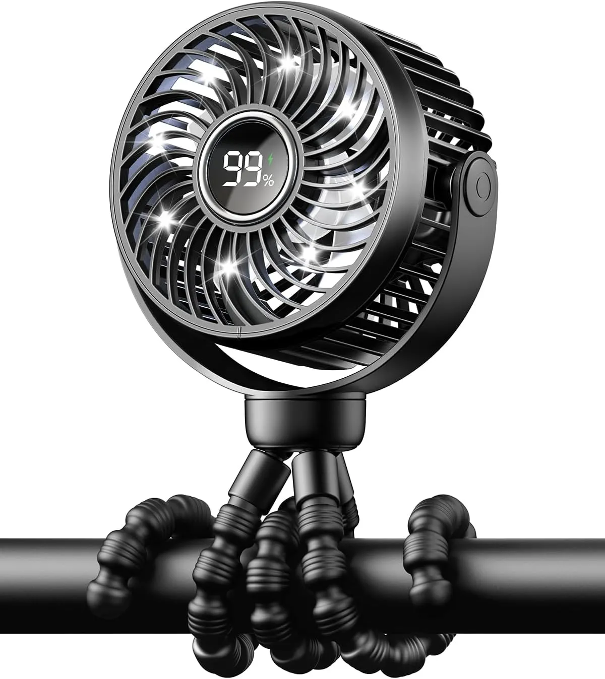 Mini Portable Stroller Fan for Travel,360 Rotation,4-Speed LED Night Light Clip on Fans Operated by Rechargeable Battery, Baby Essentials for Car Seat Beach Bed Golf Cart (Black) 360-degree rotating fan for home use