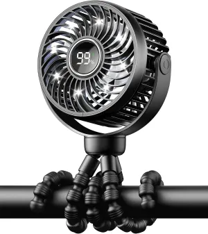 Mini Portable Stroller Fan for Travel,360 Rotation,4-Speed LED Night Light Clip on Fans Operated by Rechargeable Battery, Baby Essentials for Car Seat Beach Bed Golf Cart (Black) 360-degree rotating fan for home use