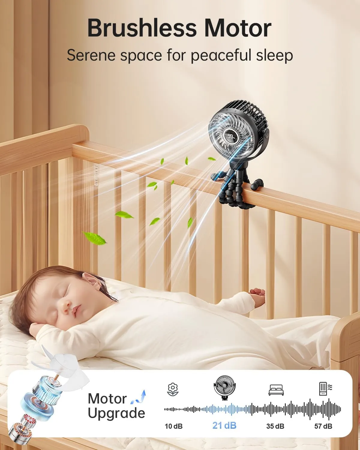 Mini Portable Stroller Fan for Travel,360 Rotation,4-Speed LED Night Light Clip on Fans Operated by Rechargeable Battery, Baby Essentials for Car Seat Beach Bed Golf Cart (Black)