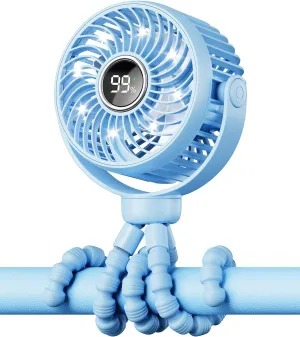 Mini Portable Stroller Fan for Travel,360 Rotation,4-Speed LED Night Light Clip on Fans Operated by Rechargeable Battery, Cordless Fan with Tripod Car Seat Baby Pram (Blue) 360-degree rotating fan for home use