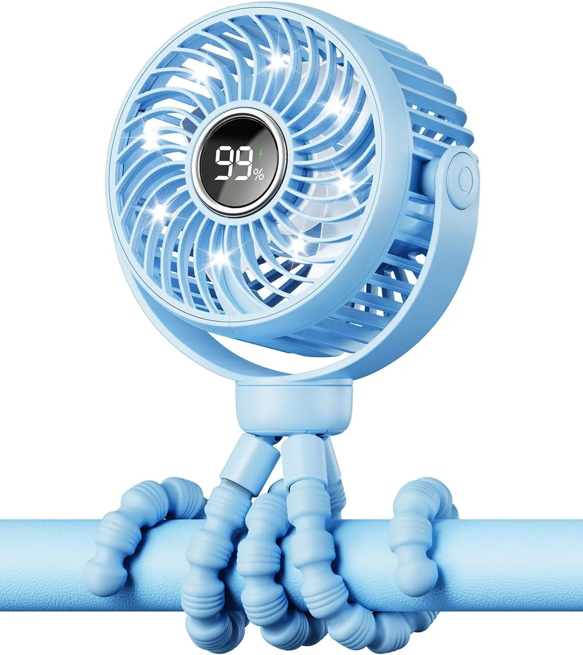 Mini Portable Stroller Fan for Travel,360 Rotation,4-Speed LED Night Light Clip on Fans Operated by Rechargeable Battery, Cordless Fan with Tripod Car Seat Baby Pram (Blue) 360-degree rotating fan for home use