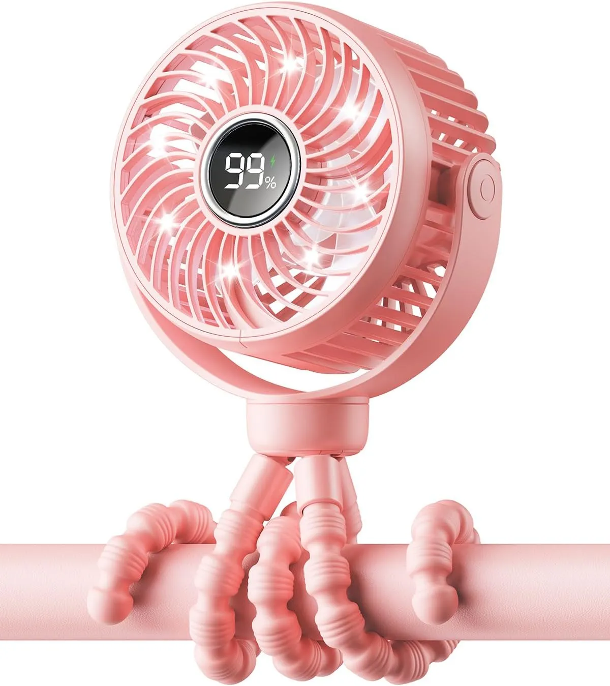 Mini Portable Stroller Fan for Travel,360 Rotation,4-Speed LED Night Light Clip on Fans Operated by Rechargeable Battery, Cordless Fan with Tripod Car Seat Baby Pram (Pink) 360-degree rotating fan for home use