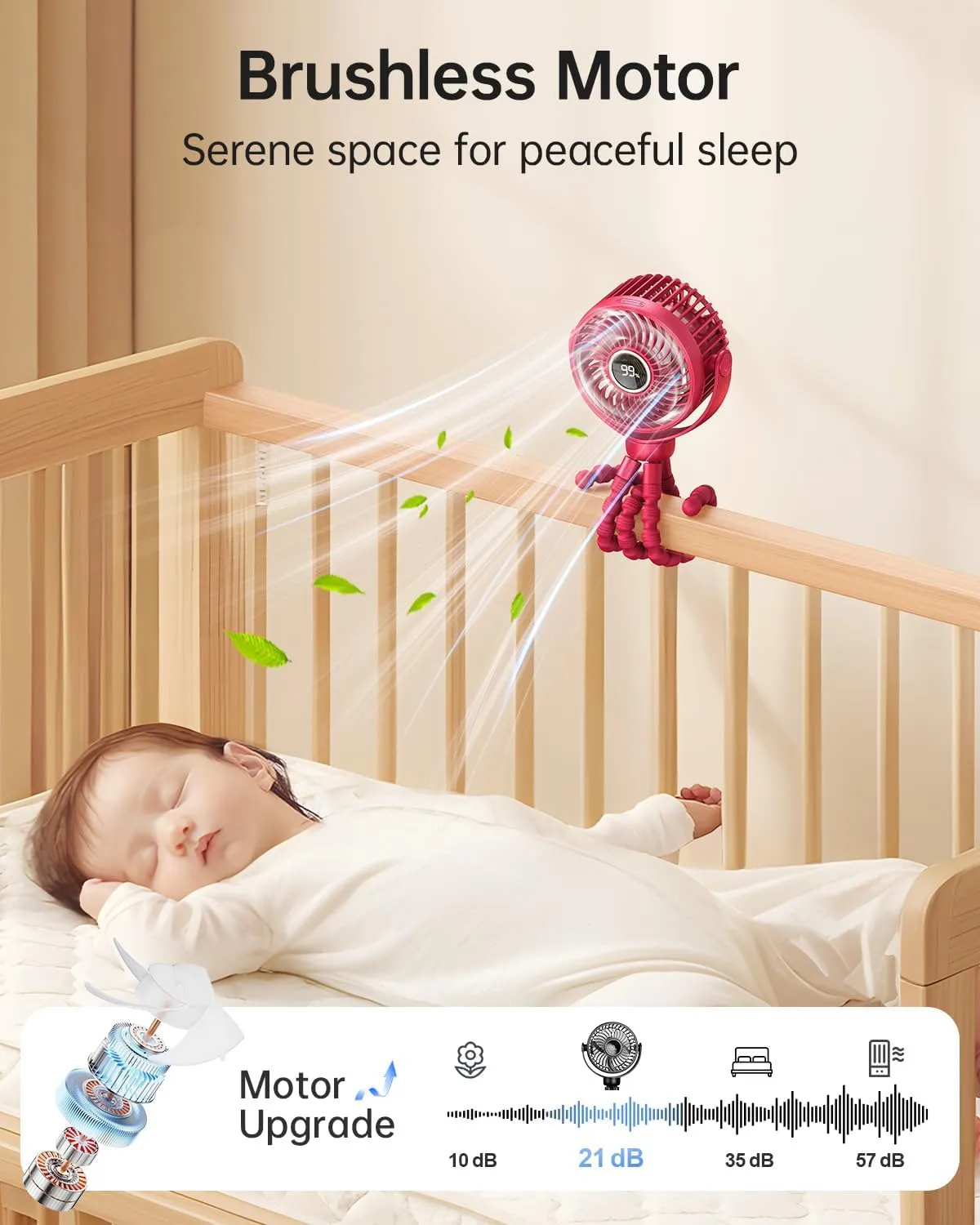 Mini Portable Stroller Fan for Travel,360 Rotation,4-Speed LED Night Light Clip on Fans Operated by Rechargeable Battery, Cordless Fan with Tripod Car Seat Baby Pram (Rose red)
