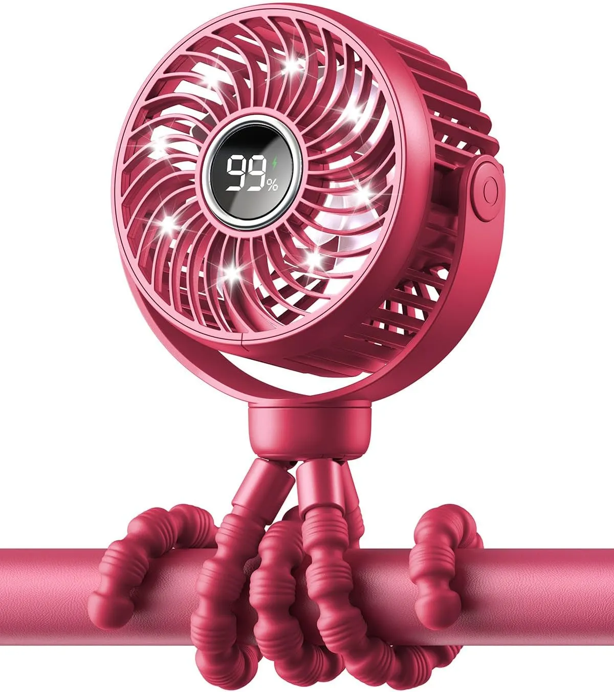 Mini Portable Stroller Fan for Travel,360 Rotation,4-Speed LED Night Light Clip on Fans Operated by Rechargeable Battery, Cordless Fan with Tripod Car Seat Baby Pram (Rose red) 360-degree rotating fan for home use