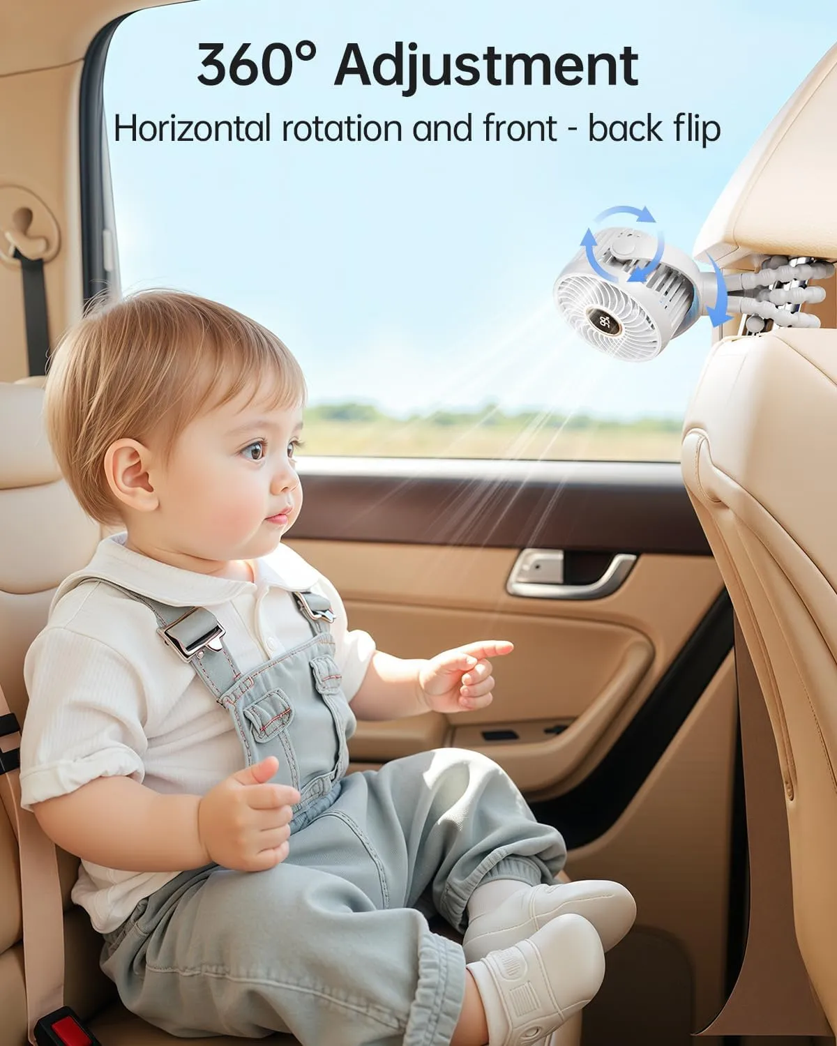 Mini Portable Stroller Fan for Travel,360 Rotation,4-Speed LED Night Light Clip on Fans Operated by Rechargeable Battery, Cordless Fan with Tripod Car Seat Baby Pram (White)