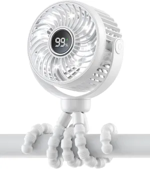 Mini Portable Stroller Fan for Travel,360 Rotation,4-Speed LED Night Light Clip on Fans Operated by Rechargeable Battery, Cordless Fan with Tripod Car Seat Baby Pram (White) 360-degree rotating fan for home use