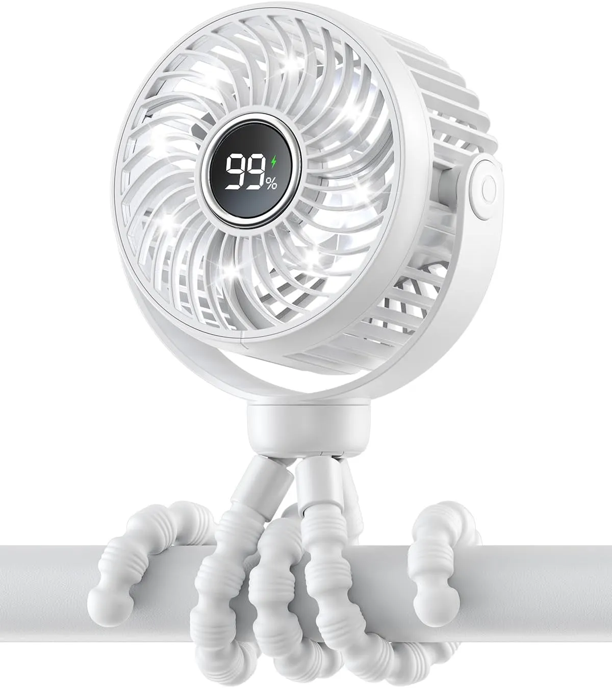 Mini Portable Stroller Fan for Travel,360 Rotation,4-Speed LED Night Light Clip on Fans Operated by Rechargeable Battery, Cordless Fan with Tripod Car Seat Baby Pram (White) 360-degree rotating fan for home use