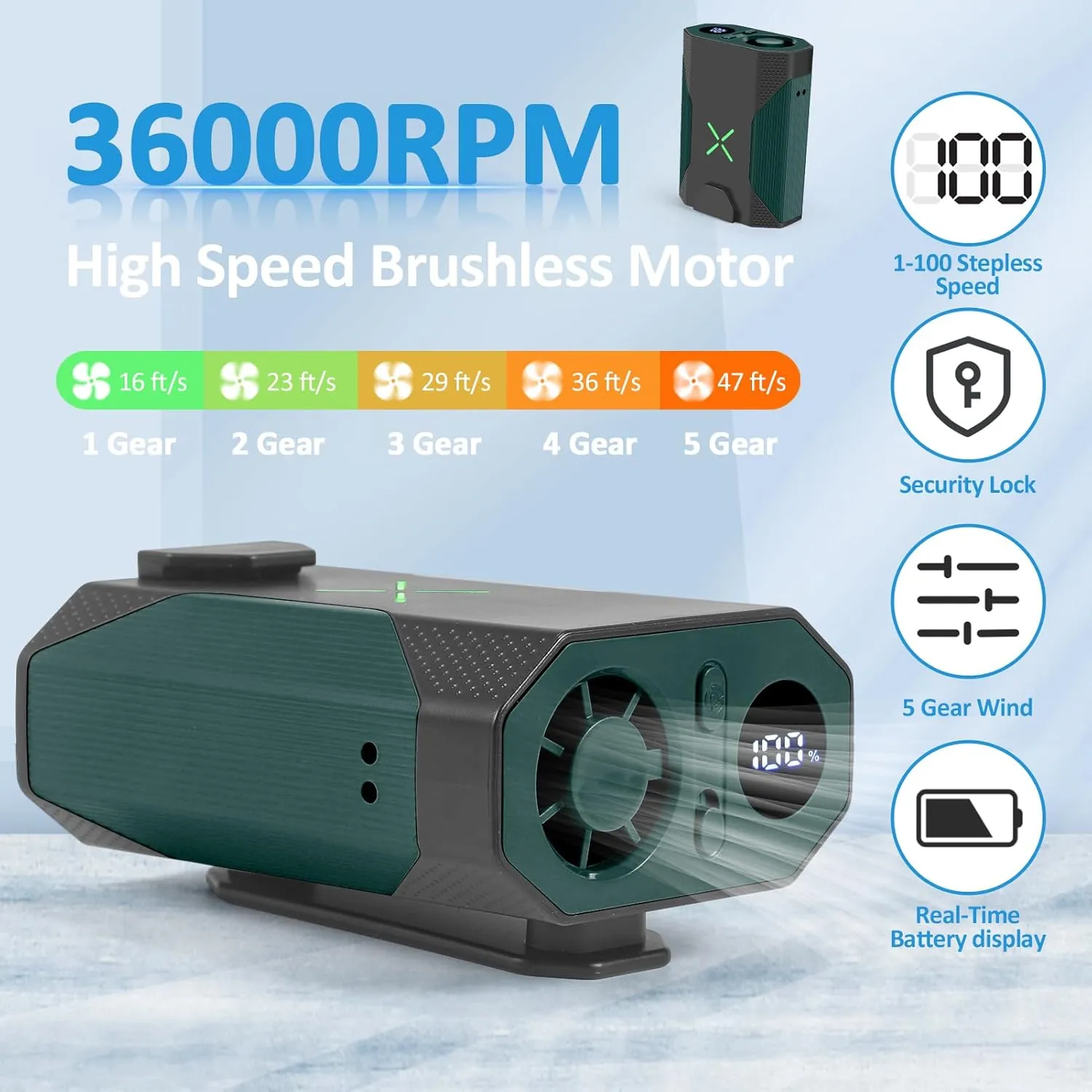 Mini Portable Waist Fan - 1-100 Speeds 36000RPM Strong Airflow, 4500mAh Battery Powered, Max 16H Cooling, Mini Waist/Neck/Handheld Fan for Outdoor Jobsite Camping Travel (Green)