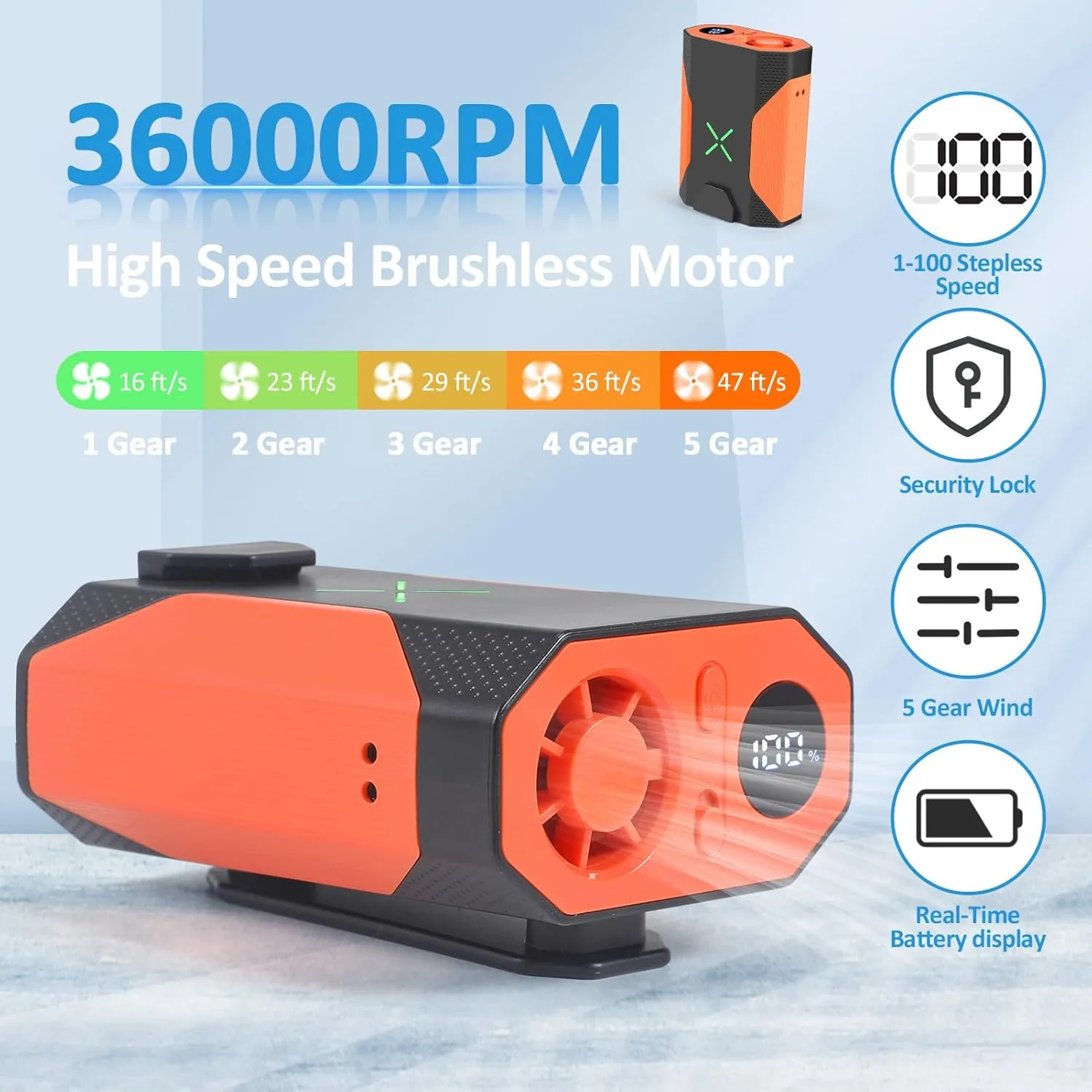 Mini Portable Waist Fan - 1-100 Speeds 36000RPM Strong Airflow, 4500mAh Battery Powered, Max 16H Cooling, Mini Waist/Neck/Handheld Fan for Outdoor Jobsite Camping Travel (Orange)