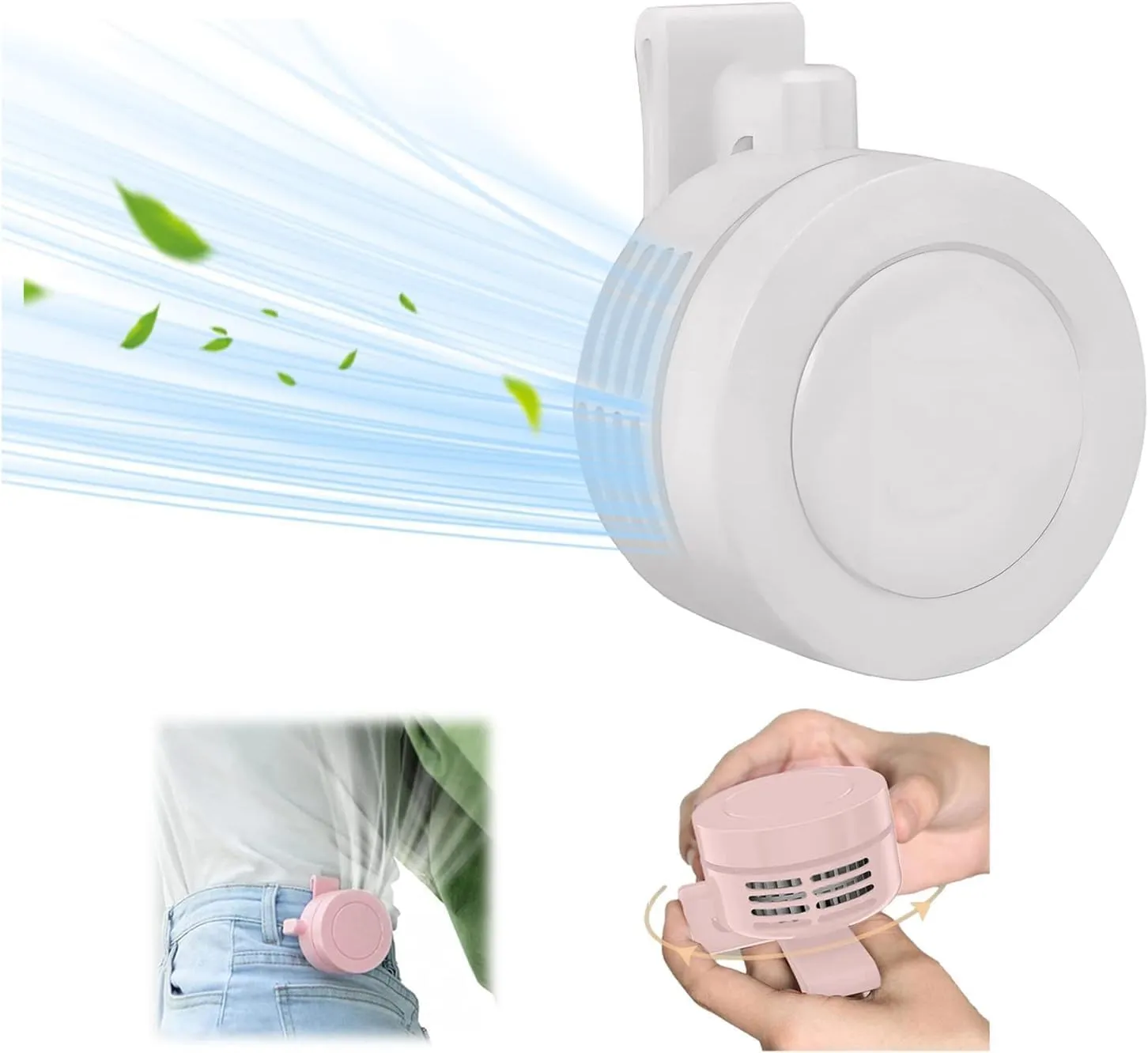 Mini Waist Clip Fan, 2025 New Portable Fan, 360 Degree Clip On Air Cooler, USB or Battery Operated Hands-Free Personal Fan 3 Speeds Bladeless Neck Fan Wearable for Outdoor Camping Travel Farm Hiking 360-degree rotating fan for home use