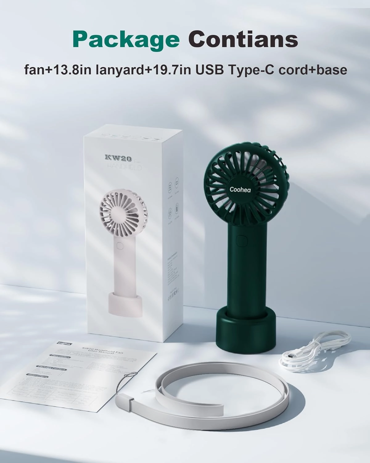 Mini Handheld Fan, Small Cute Design, 3 Powerful Speeds, USB Rechargeable Battery Operated, Personal Portable Fan with Base & Lanyard, for Eyelash Makeup Travel Beach Office Desk, Dark Green