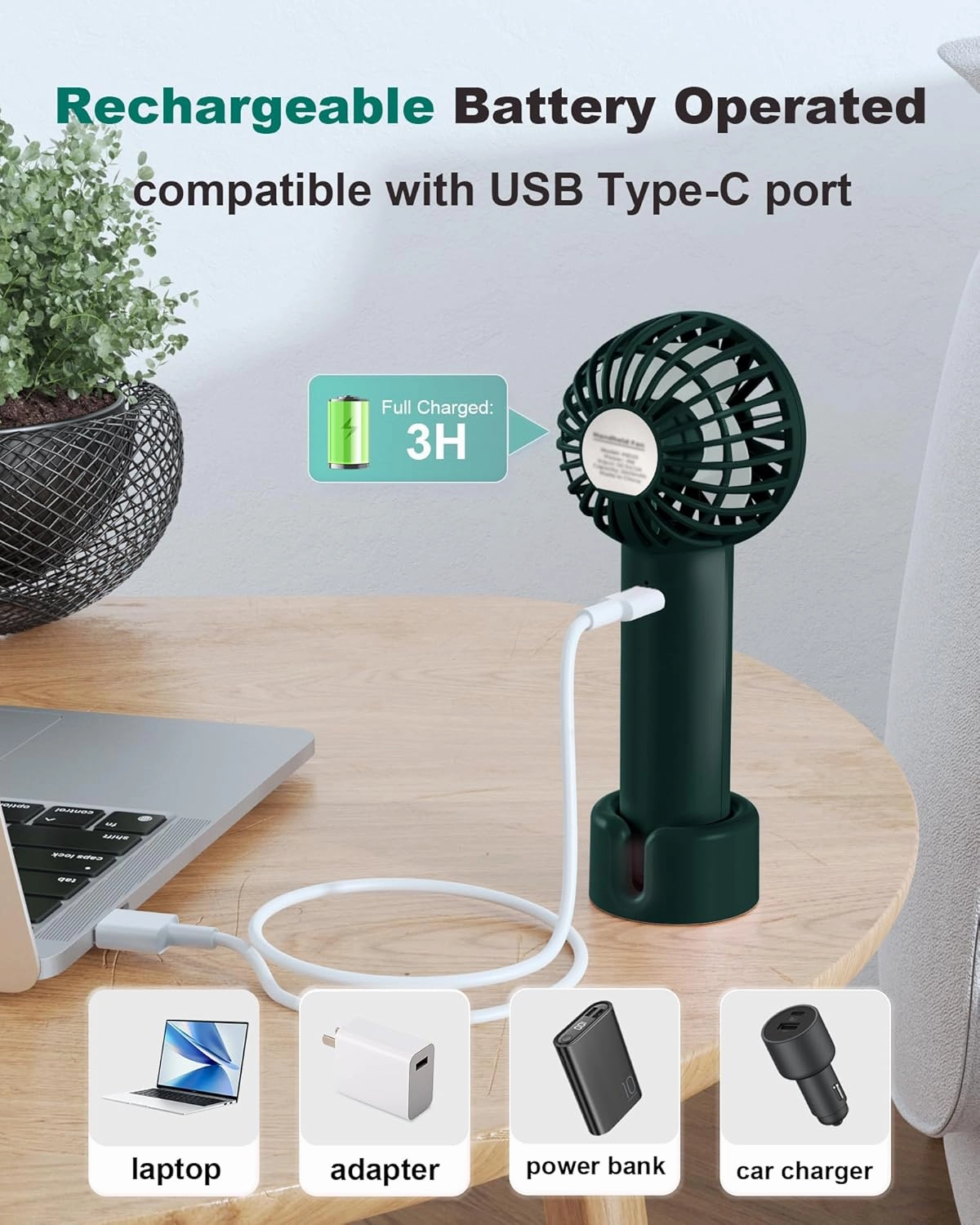 Mini Handheld Fan, Small Cute Design, 3 Powerful Speeds, USB Rechargeable Battery Operated, Personal Portable Fan with Base & Lanyard, for Eyelash Makeup Travel Beach Office Desk, Dark Green