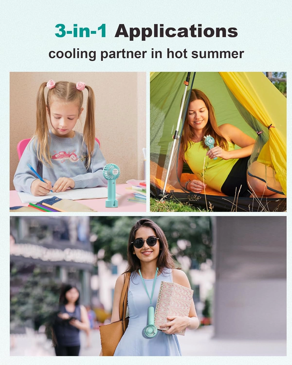 Mini Handheld Fan, Small Cute Design, 3 Powerful Speeds, USB Rechargeable Battery Operated, Portable Personal Fan with Base & Lanyard, for Eyelash Makeup Travel Beach Office Desk, Blue