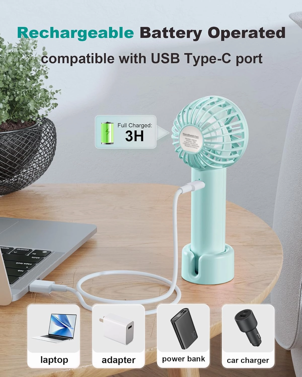 Mini Handheld Fan, Small Cute Design, 3 Powerful Speeds, USB Rechargeable Battery Operated, Portable Personal Fan with Base & Lanyard, for Eyelash Makeup Travel Beach Office Desk, Blue