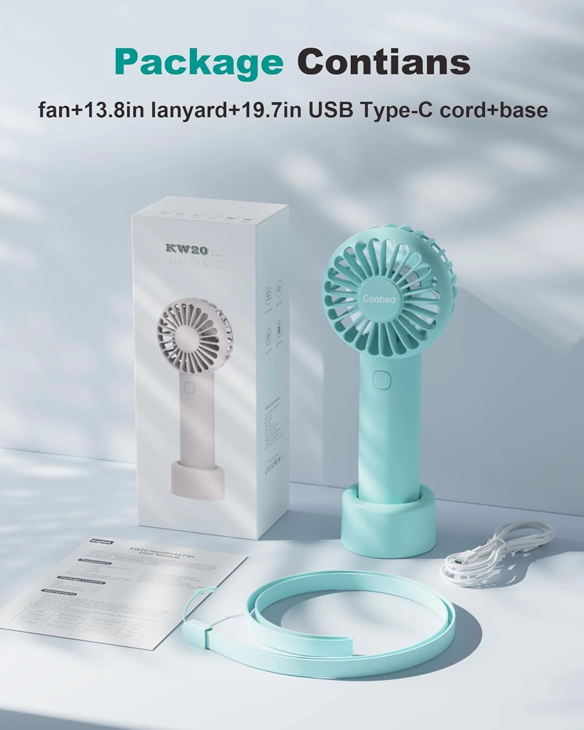 Mini Handheld Fan, Small Cute Design, 3 Powerful Speeds, USB Rechargeable Battery Operated, Portable Personal Fan with Base & Lanyard, for Eyelash Makeup Travel Beach Office Desk, Blue