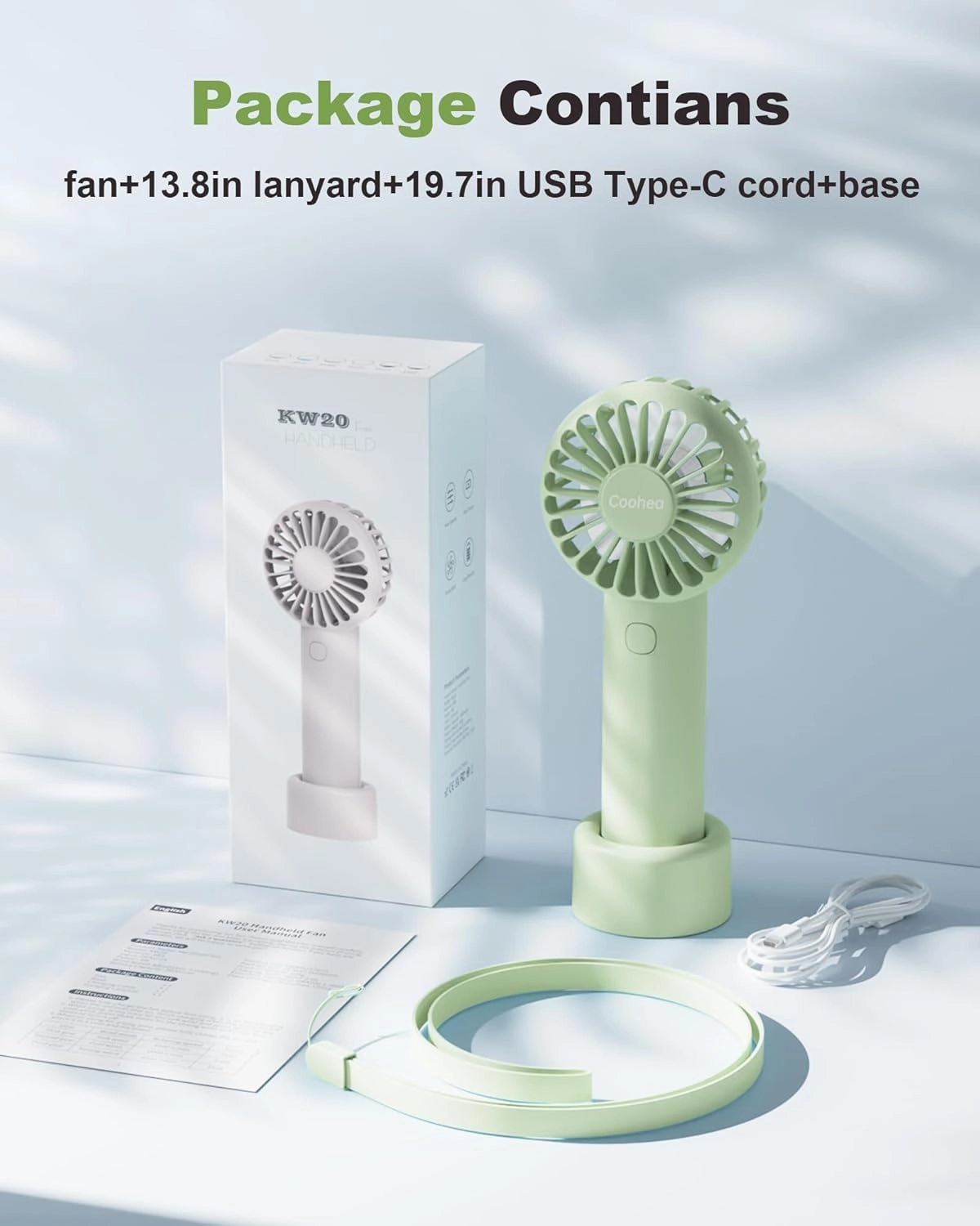 Mini Handheld Fan, Small Cute Design, 3 Powerful Speeds, USB Rechargeable Battery Operated, Portable Personal Fan with Base & Lanyard, for Eyelash Makeup Travel Beach Office Desk, Green