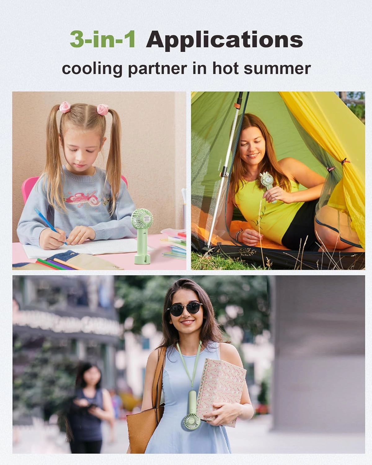Mini Handheld Fan, Small Cute Design, 3 Powerful Speeds, USB Rechargeable Battery Operated, Portable Personal Fan with Base & Lanyard, for Eyelash Makeup Travel Beach Office Desk, Green