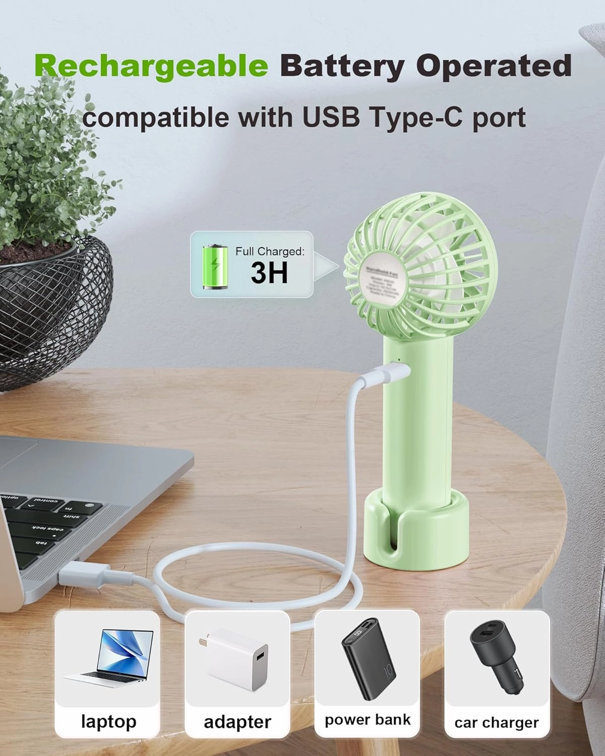Mini Handheld Fan, Small Cute Design, 3 Powerful Speeds, USB Rechargeable Battery Operated, Portable Personal Fan with Base & Lanyard, for Eyelash Makeup Travel Beach Office Desk, Green
