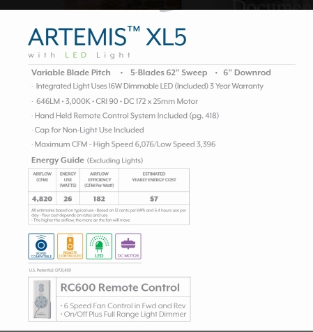 Minka Aire Artemis Xl5 62" DC Ceiling Fan with 16W Dimmable 16W LED Light and Remote Control