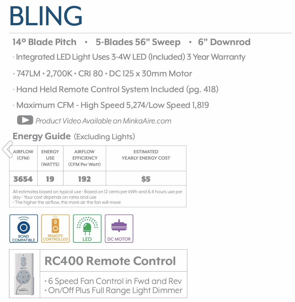 Minka Aire Bling 56" DC Ceiling Fan with Dimmable LED Light and 6 Speed Remote Control
