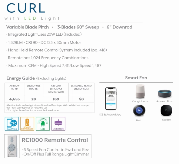 Minka Aire Curl 60" Smart DC Ceiling Fan with 20W LED Light and Remote Control