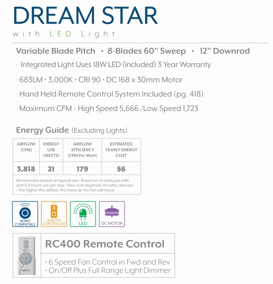 Minka Aire Dream Star 60" DC Ceiling Fan with 18W LED Light and Remote Control
