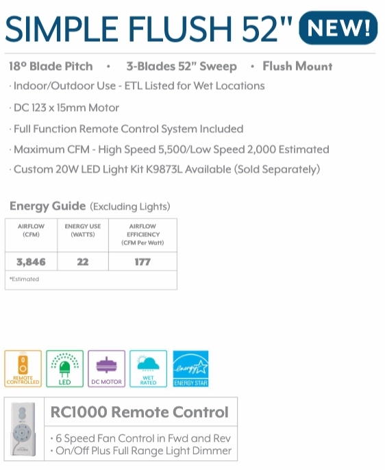 Minka Aire Simple Flush DC Motor Indoor/Outdoor Ceiling Fan with 6 speed Remote Control