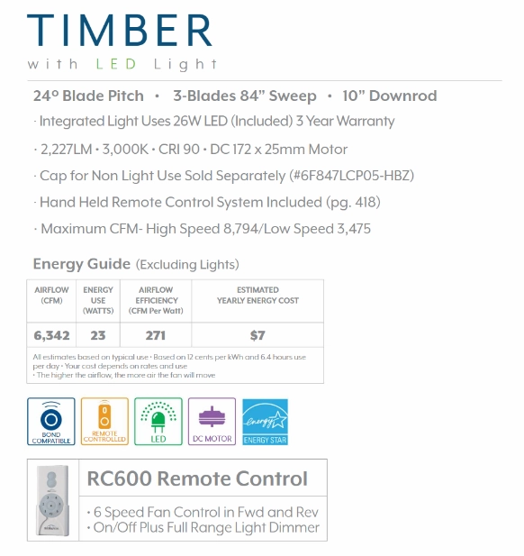 Minka Aire Timber DC Ceiling Fan with 26W LED Dimmable Light and Remote Control