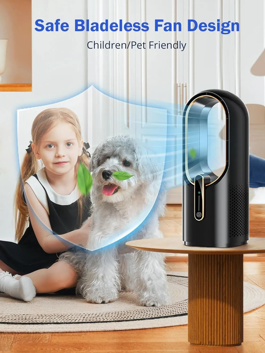 Misby Desk Fan, 11.8 Inch Portable Bladeless Fan, Small Office Rechargeable Fan with 5000mAh Battery, 3 Adjustable Speeds, Touch Control, Easy to Clean, Quiet Table Fan for Bedroom, Home (Black)