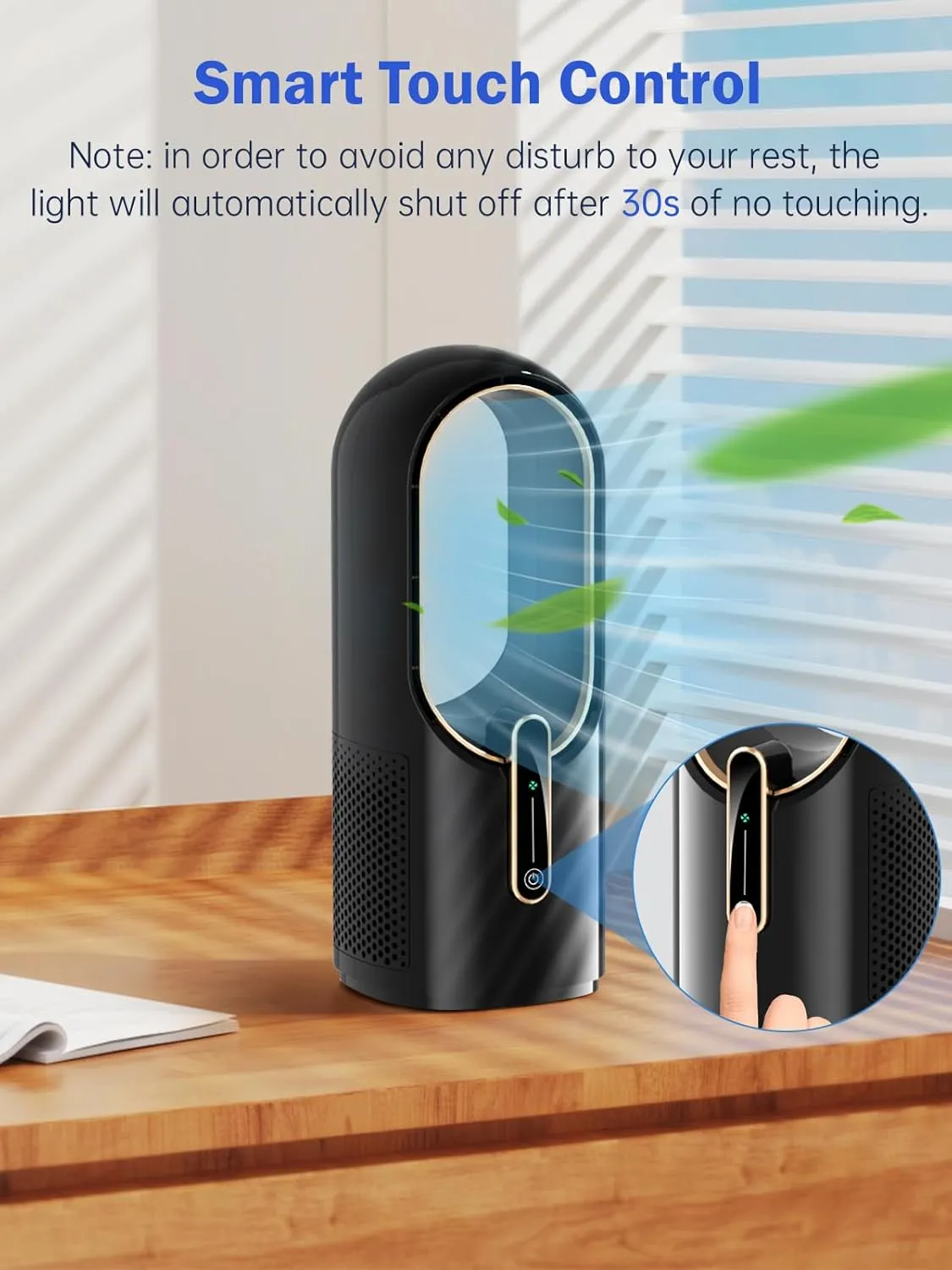 Misby Desk Fan, 11.8 Inch Portable Bladeless Fan, Small Office Rechargeable Fan with 5000mAh Battery, 3 Adjustable Speeds, Touch Control, Easy to Clean, Quiet Table Fan for Bedroom, Home (Black)