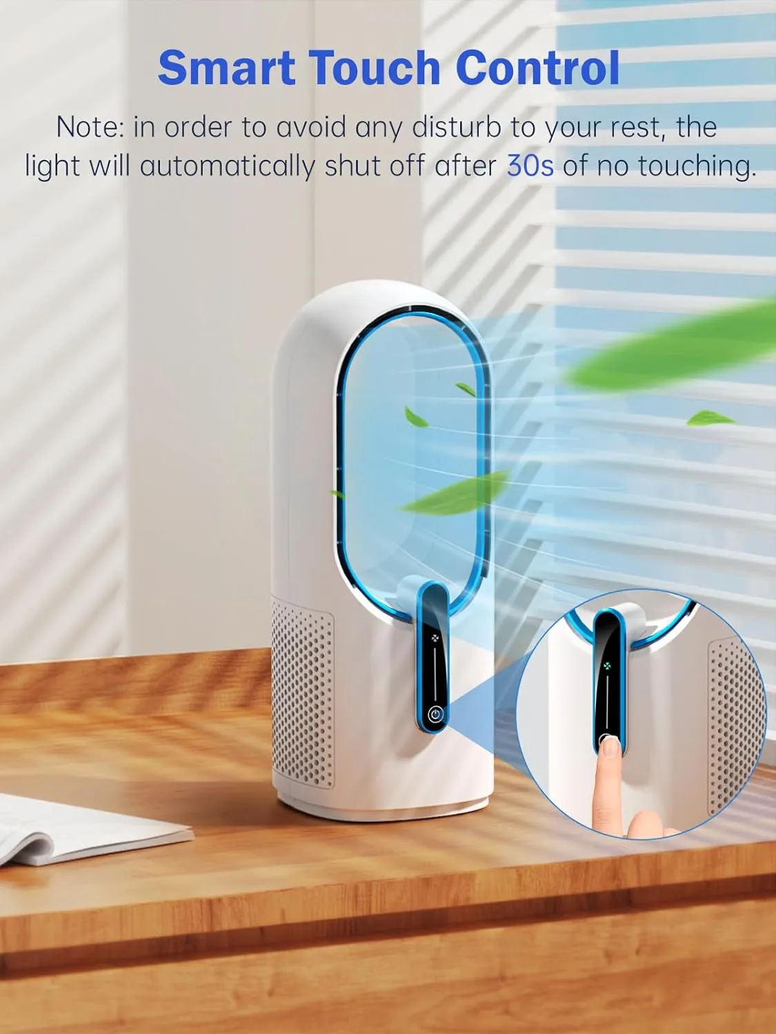 Misby Desk Fan, 11.8 Inch Portable Bladeless Fan, Small Office Rechargeable Fan with 5000mAh Battery, 3 Adjustable Speeds, Touch Control, Easy to Clean, Quiet Table Fan for Bedroom, Home (White)