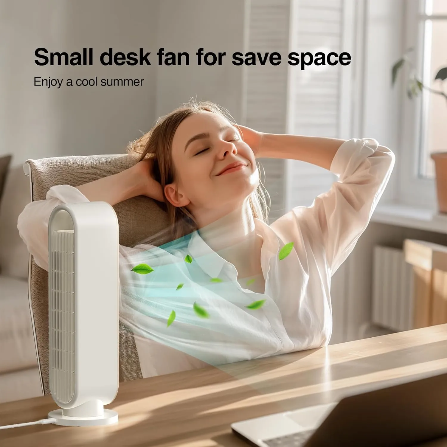 Misby Desk Fans Small Quiet for Saving Space, 13 Inch Office Fan with 3-Speed Adjustment, 90 Oscillation Bladeless Table Fan, Small Desktop Fan for Bedroom, Office, Living Room (Ivory White)