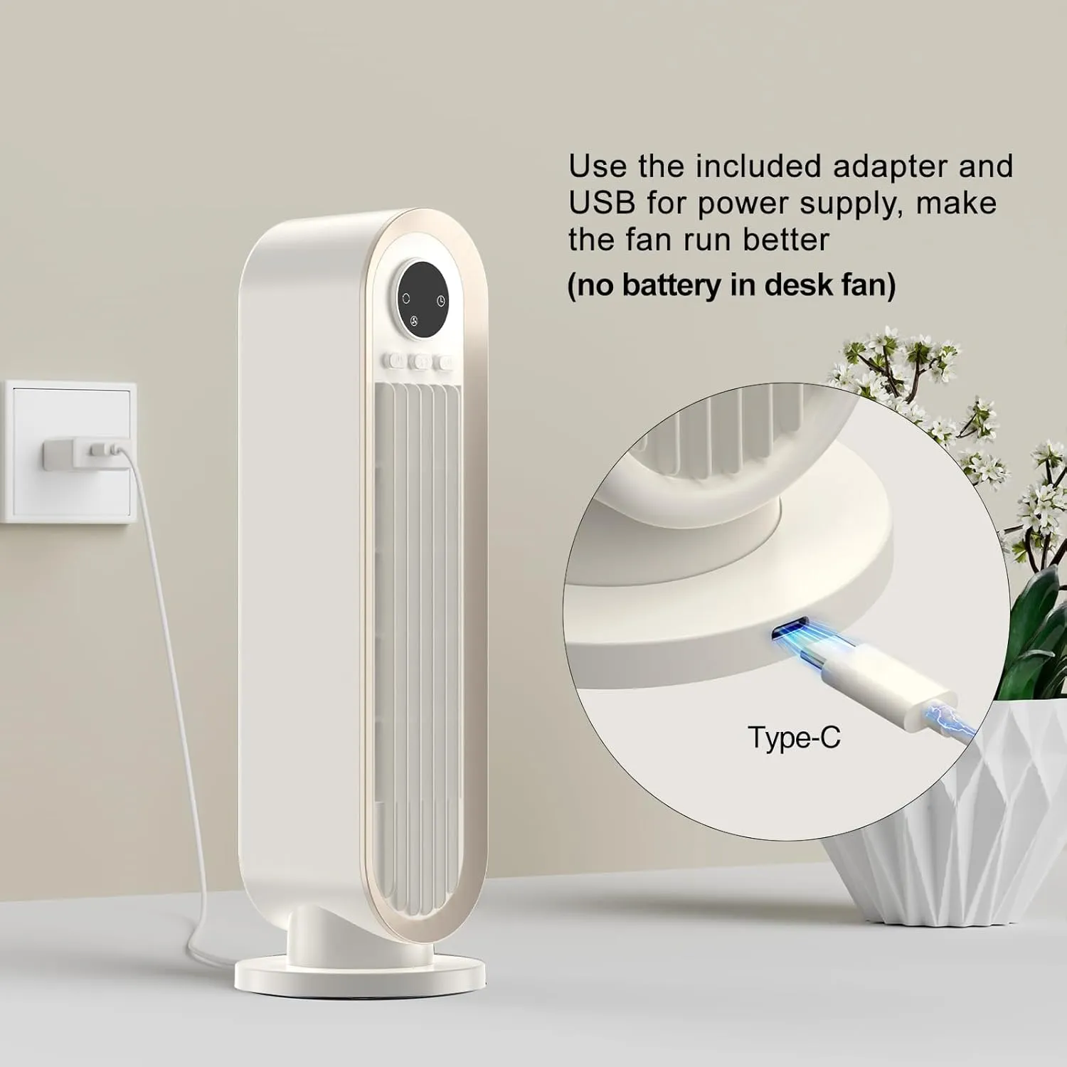 Misby Desk Fans Small Quiet for Saving Space, 13 Inch Office Fan with 3-Speed Adjustment, 90 Oscillation Bladeless Table Fan, Small Desktop Fan for Bedroom, Office, Living Room (Ivory White)