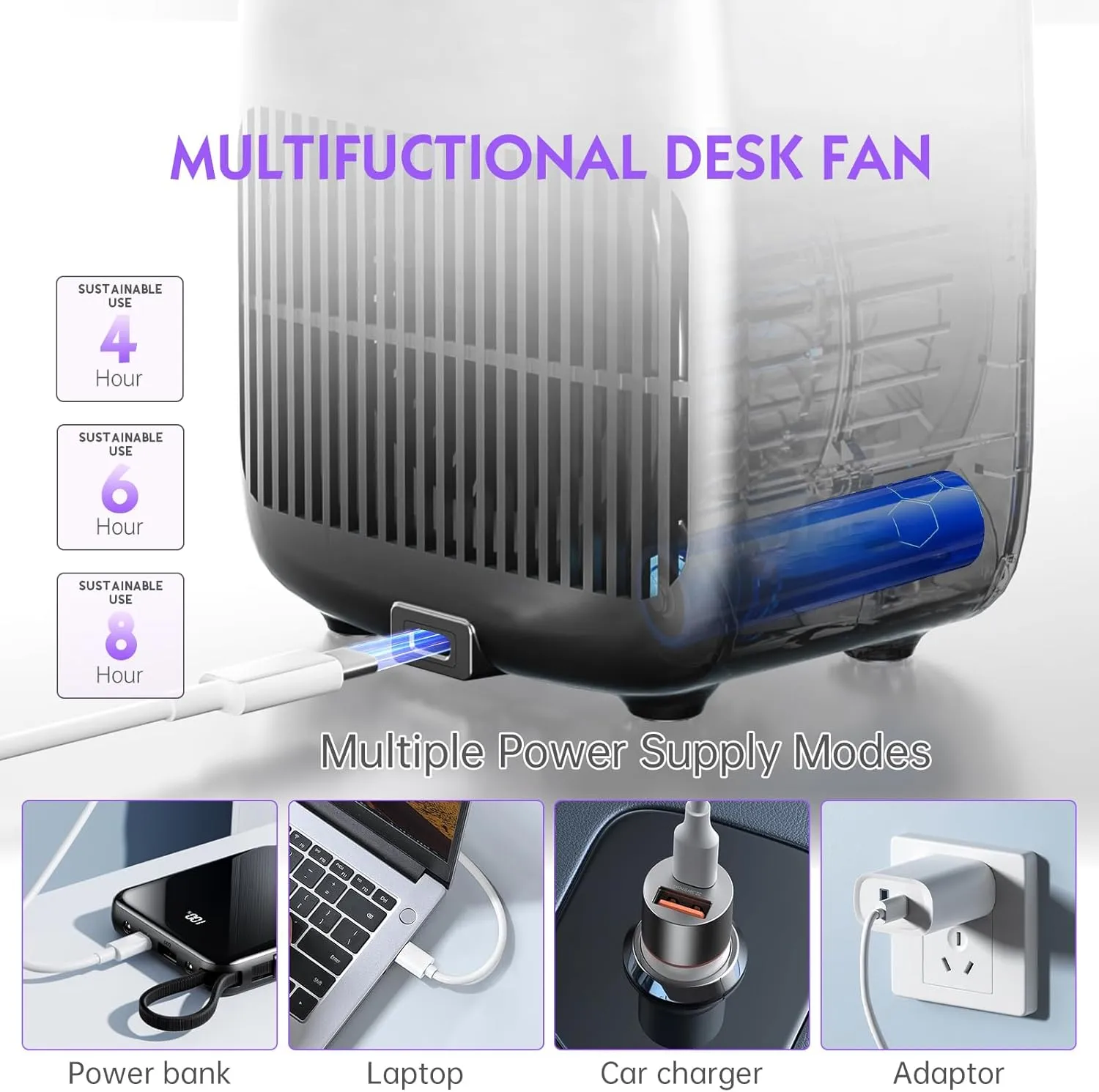 Misby Rechargeable Desk Fan, 5-color LED Light Bladeless Table Fan of 11.8 Inch, Purple Desk Fans Small Quiet for Bedroom, Home, Office