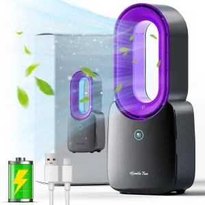 Misby Rechargeable Desk Fan, 5-color LED Light Bladeless Table Fan of 11.8 Inch, Purple Desk Fans Small Quiet for Bedroom, Home, Office USB desktop fan for workspace