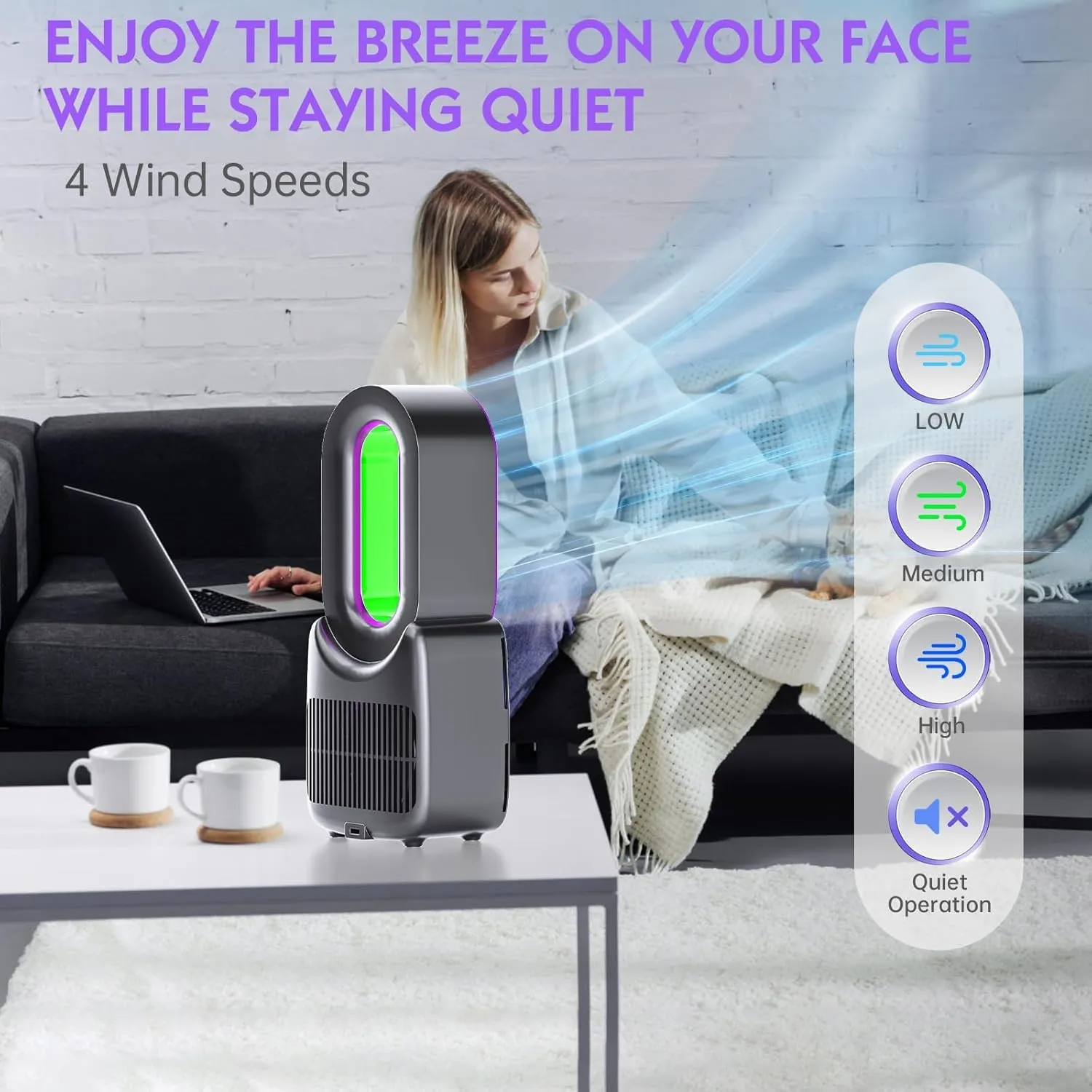 Misby Rechargeable Desk Fan, 5-color LED Light Bladeless Table Fan of 11.8 Inch, Purple Desk Fans Small Quiet for Bedroom, Home, Office