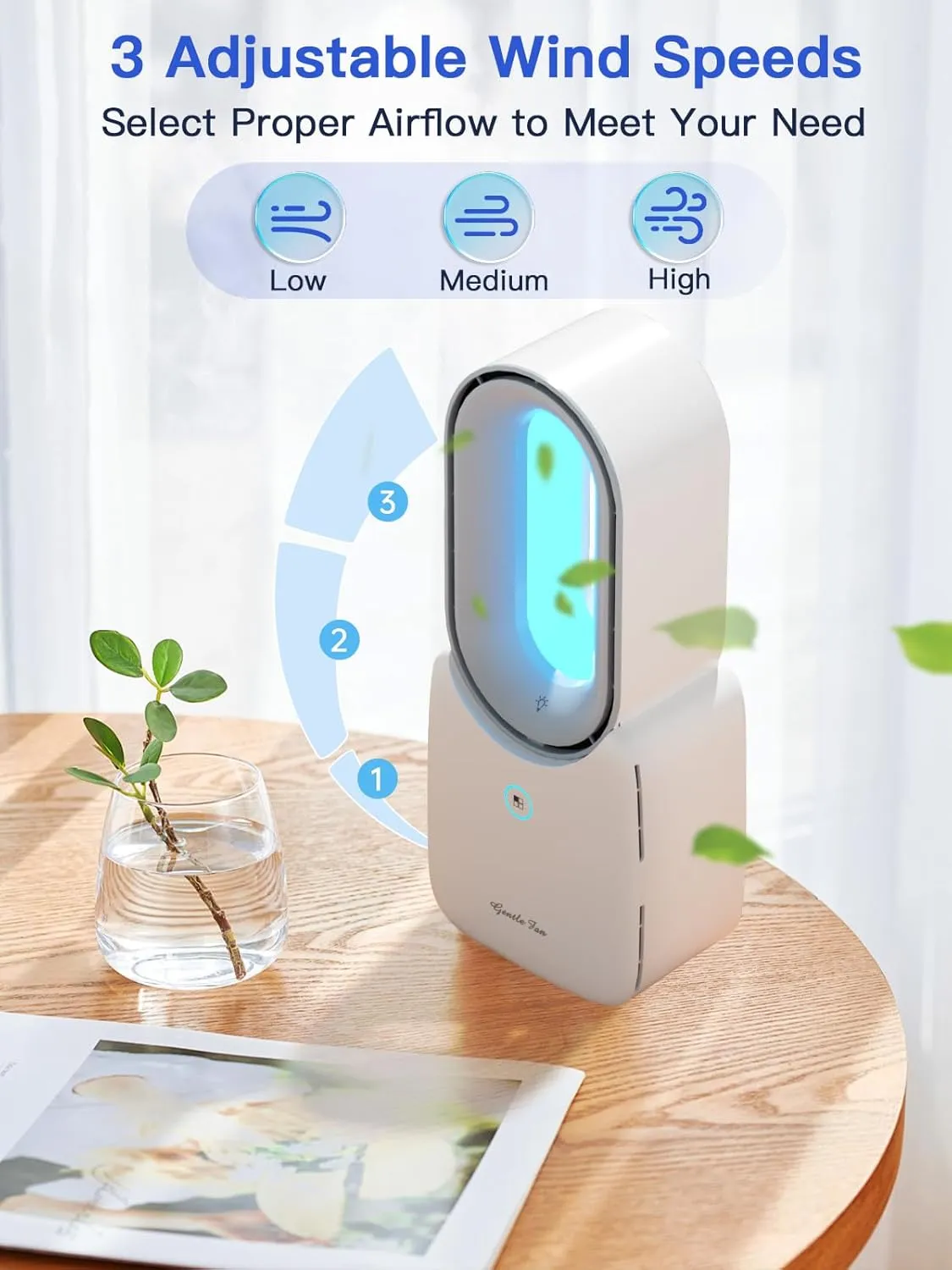 Misby Rechargeable Desk Fan, 5 Colors LED Light Bladeless Desk Fan, 11.8 Inch Portable Desk Fans Small Quiet, Touch Control, Easy to Clean, Table Fan for Bedroom, Home, Office, Desktop (White)