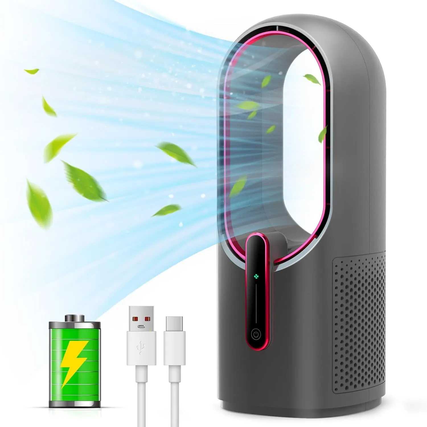Misby Rechargeable Desk Fan,5000mAh USB Bladeless Table Fan of 11.8 Inch, Easy to Clean & Touch Control, Grey Desk Fans Small Quiet for Bedroom, Home, Office USB desktop fan for workspace