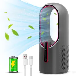 Misby Rechargeable Desk Fan,5000mAh USB Bladeless Table Fan of 11.8 Inch, Easy to Clean & Touch Control, Grey Desk Fans Small Quiet for Bedroom, Home, Office USB desktop fan for workspace