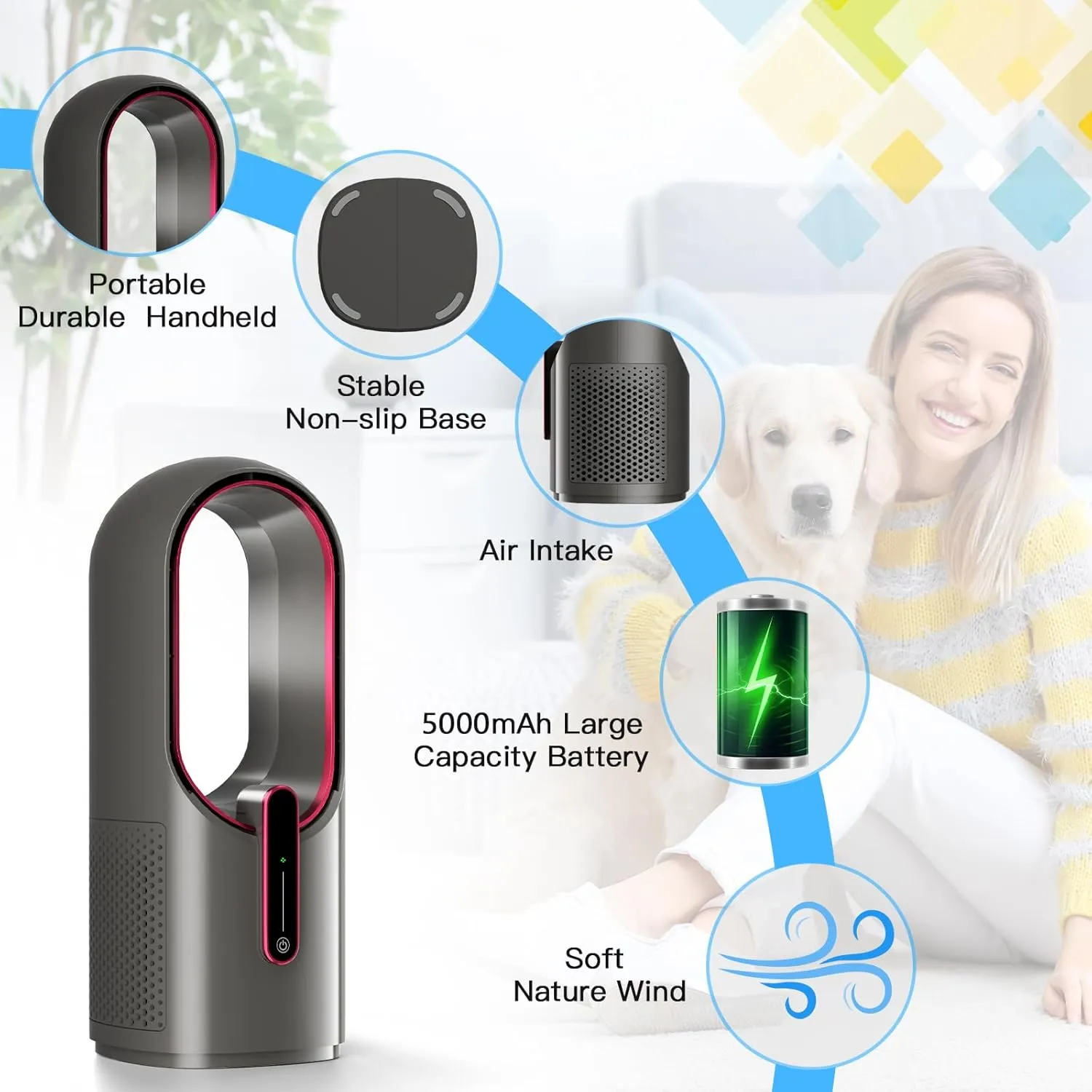 Misby Rechargeable Desk Fan,5000mAh USB Bladeless Table Fan of 11.8 Inch, Easy to Clean & Touch Control, Grey Desk Fans Small Quiet for Bedroom, Home, Office
